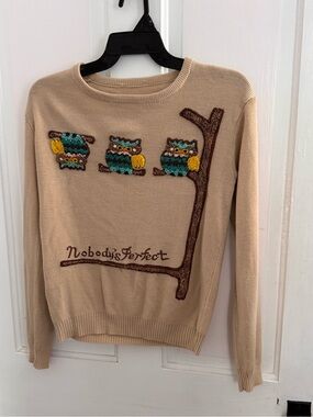 Vintage Nobody's Perfect Beige Owl Embroidered Sweater